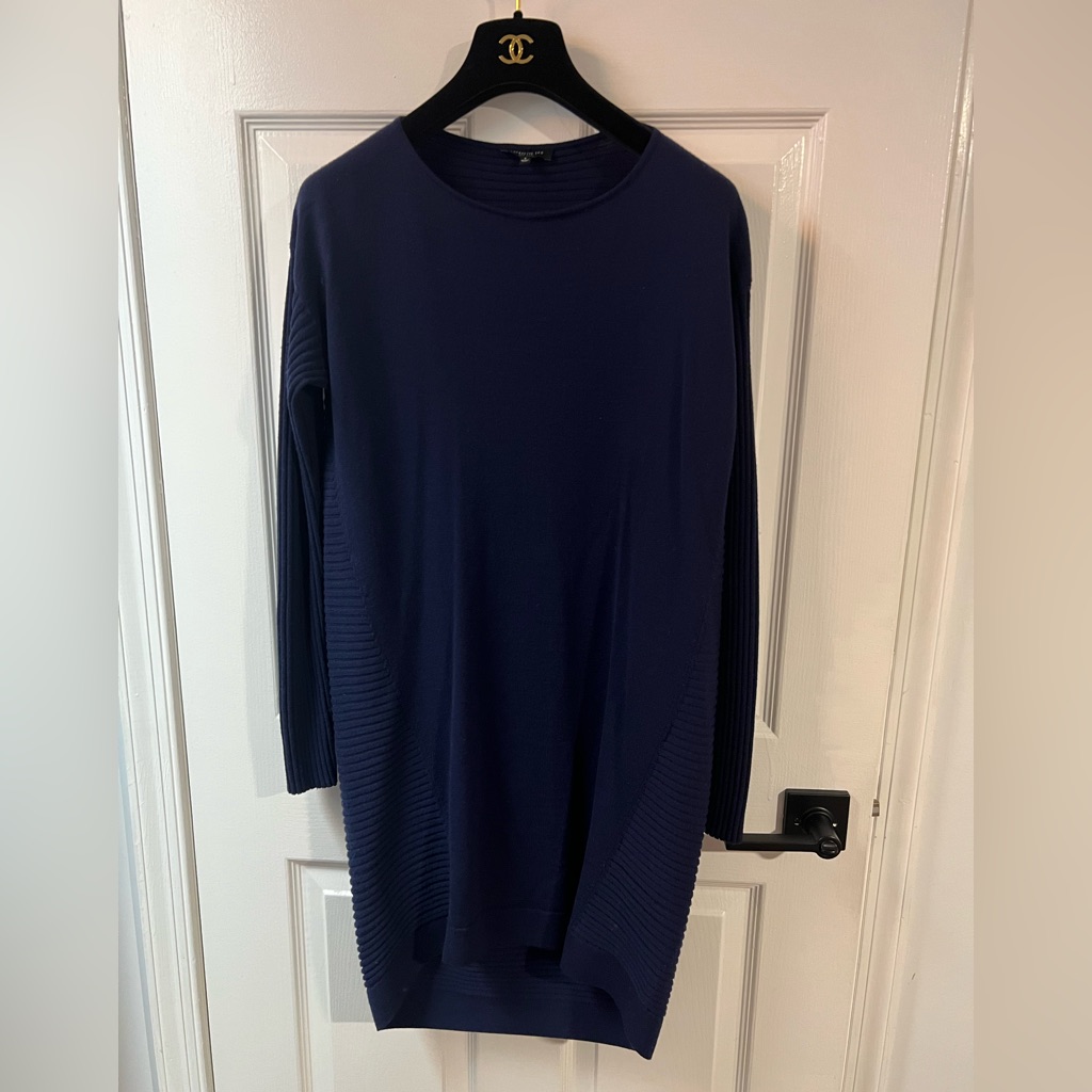 Lafayette 148 New York Size S Navy Blue Ribbed Back Shift Ls Sweater Dress Euc